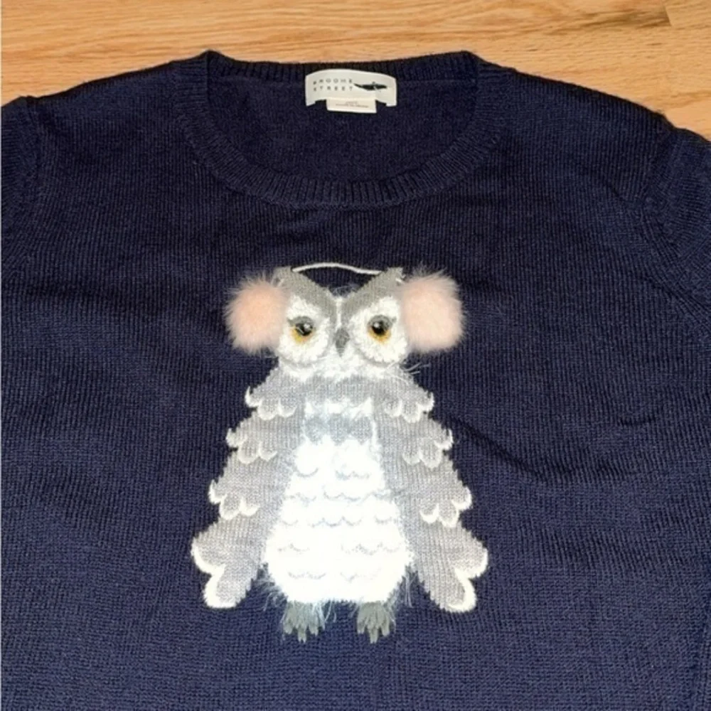 Kate Spade Broome Street Navy Blue Wool Blend Owl Crewneck Sweater Large‎